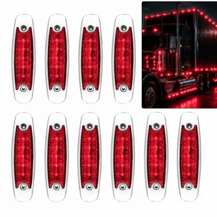 10-pack 6-inch red LED side marker lights with stainless steel frame for semi trucks and trailers