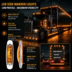Amber LED side marker light with stainless steel frame close-up detail