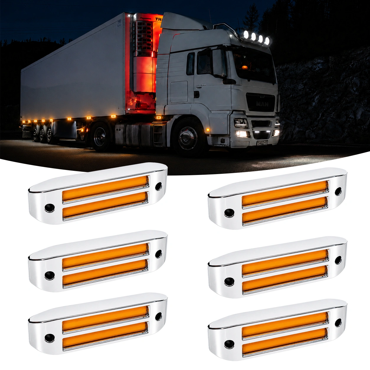 6-Pack 6 Inch Amber Rectangular Side Marker Lights with Chrome Bezels 6-pack 6 inch amber rectangular side marker lights with chrome bezels for trucks and trailers