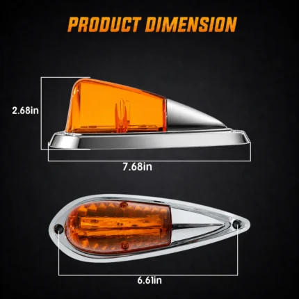 size dimensions of amber LED cab marker light with chrome base for truck roof