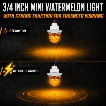 Amber mini watermelon LED marker light showing steady on and strobe flashing mode