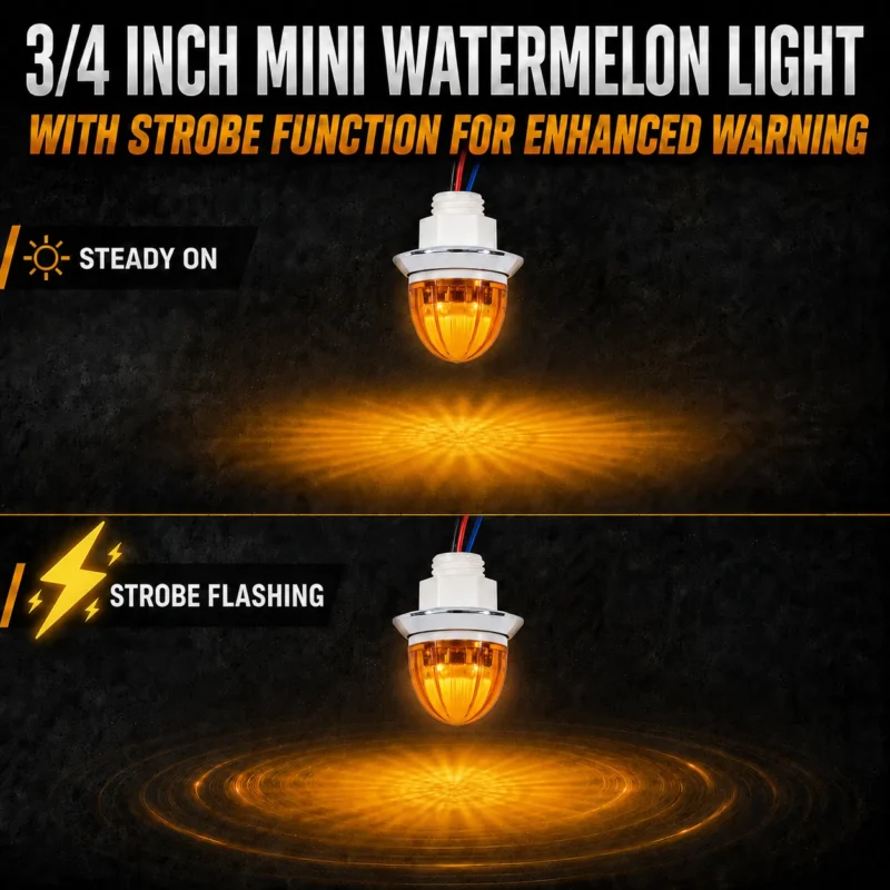 Amber mini watermelon LED marker light showing steady on and strobe flashing mode