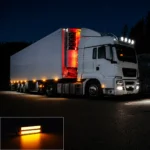 Amber side marker lights installed on truck showing night driving lighting effect