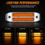 Amber side marker lights with low brightness, high brightness, and flashing functions