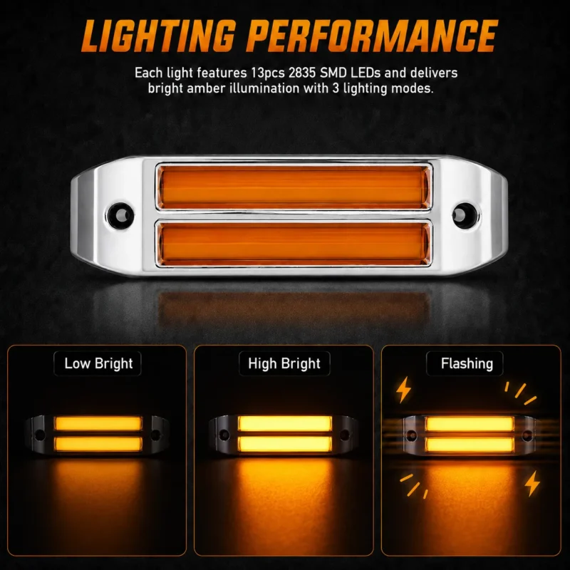 Amber side marker lights with low brightness, high brightness, and flashing functions