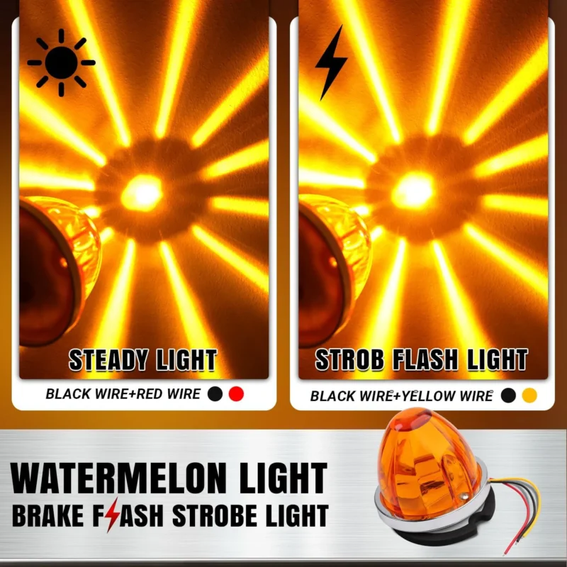 Amber watermelon LED marker light showing constant on and flashing dual function for trucks and trailers