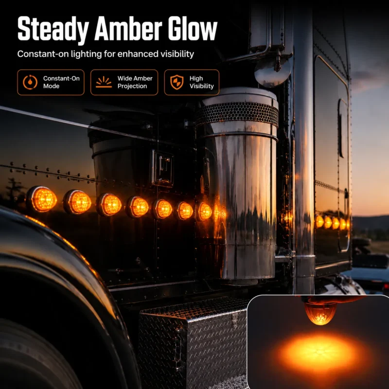 Amber watermelon LED side marker lights installed on a semi truck
