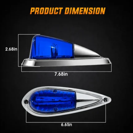 size dimensions of blue LED cab marker light with chrome base for truck roof