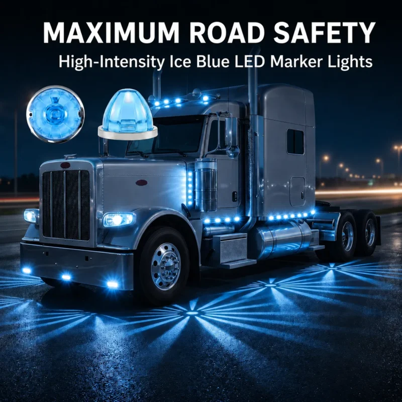 Ice blue watermelon LED side marker lights installed on truck exterior body for 12V 24V vehicle lighting