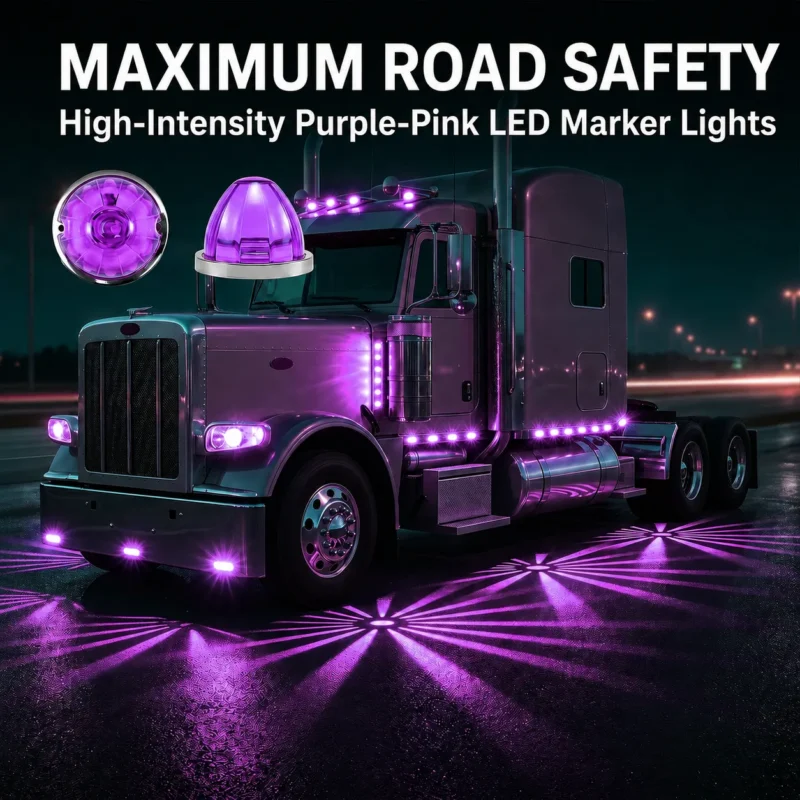 Purple watermelon LED side marker lights installed on truck exterior body for 12V 24V vehicle lighting