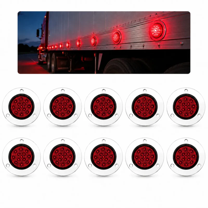 Red 2 inch chrome LED marker light with 13 high brightness LEDs for trucks and trailers