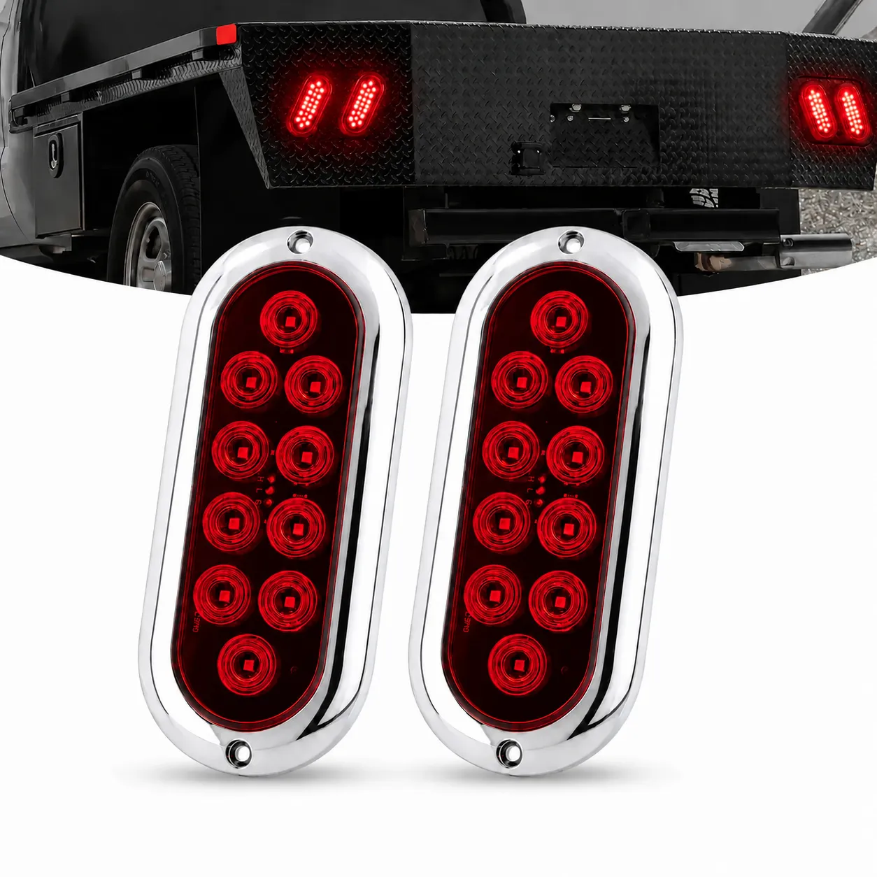 Red 6-Inch LED Tail Light 2-Pack – White Background Red 6-inch 10 LED tail light with chrome housing, 2-pack, white background
