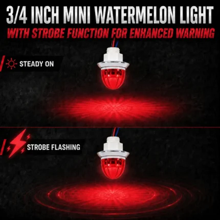 red mini watermelon LED marker light showing steady on and strobe flashing mode