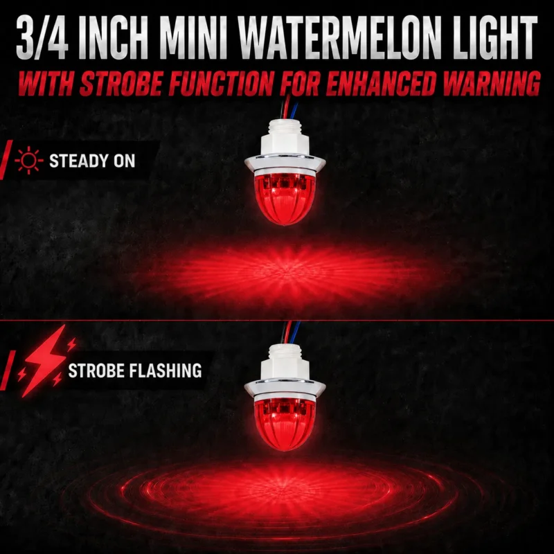 red mini watermelon LED marker light showing steady on and strobe flashing mode