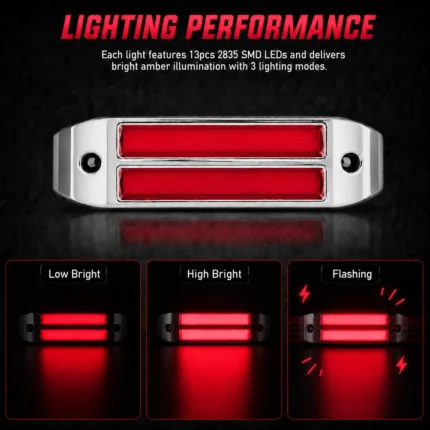 Red side marker lights with low brightness, high brightness, and flashing functions