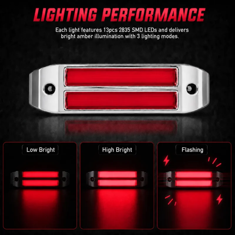 Red side marker lights with low brightness, high brightness, and flashing functions