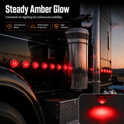 Red watermelon LED truck marker lights installed on a semi truck with bright illumination