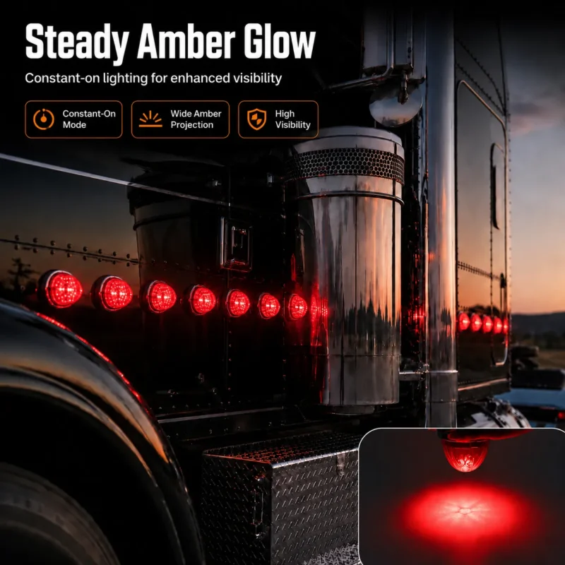 Red watermelon LED truck marker lights installed on a semi truck with bright illumination