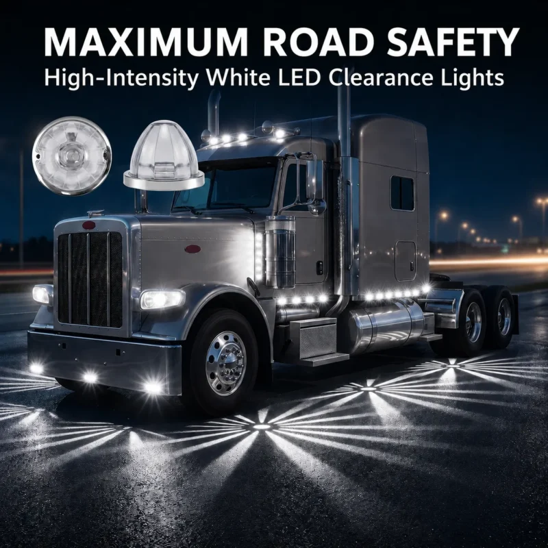 White watermelon LED side marker lights installed on truck exterior body for 12V 24V vehicle lighting