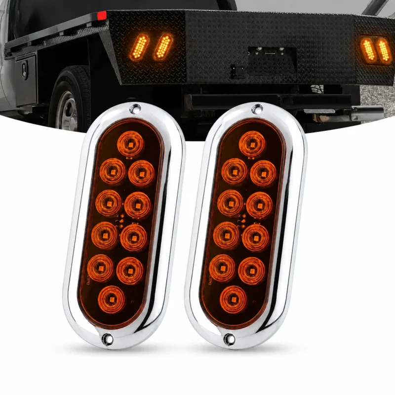 Amber 6-inch LED tail lights with chrome housing, 10 LEDs, 2-pack, 12V, waterproof IP67, displayed on white background.