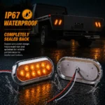 Amber 6-inch LED tail lights with chrome housing demonstrating IP67 waterproof performance.