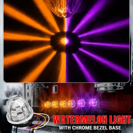 Dual color amber and purple LED watermelon light with steady on and strobe lighting modes