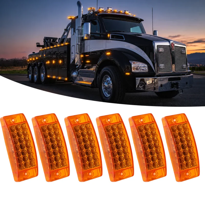 6-pack amber 21 LED marker lights for trucks and trailers, featuring steady on, strobe, and sequential waterfall flash modes with universal 12-24V compatibility.