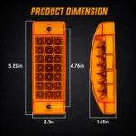 Product dimensions of the curved amber 21 LED marker light, showing overall size, mounting-hole spacing, width, and depth for easier installation.
