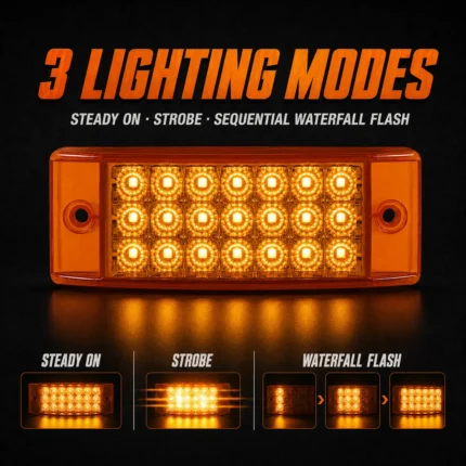 Amber LED truck marker light with three lighting modes: steady on, strobe, and sequential waterfall flash for improved visibility and custom vehicle lighting.