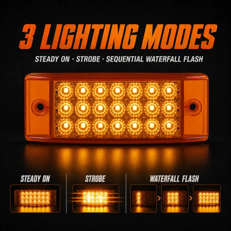 Amber LED truck marker light with three lighting modes: steady on, strobe, and sequential waterfall flash for improved visibility and custom vehicle lighting.