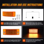 Step-by-step installation guide for the amber LED marker light, including drilling, mounting hardware, wiring, and power connection instructions.