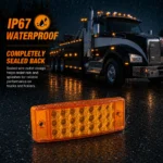 IP67 waterproof amber LED marker light with a completely sealed back and protected wire outlet for reliable use in rain, splashes, and harsh road conditions.