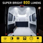 800 lumen LED interior lights installed inside a cargo van for bright cabin lighting