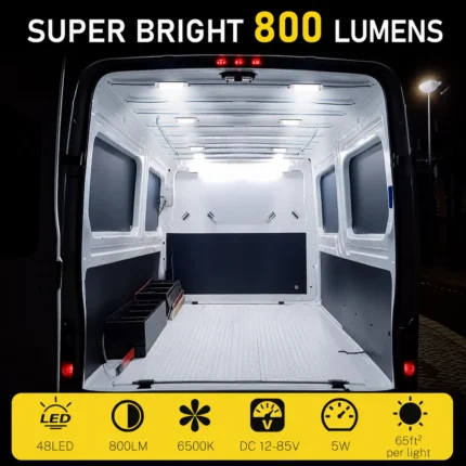800 lumen LED interior lights installed inside a cargo van for bright cabin lighting