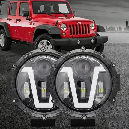 Two YFD 7-inch round LED headlights with white V-shaped DRL for trucks and compatible vehicles