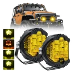 Two YFD 7-inch round LED off-road lights with amber lenses and mounting brackets