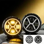 Two YFD 7-inch round LED off-road lights showing amber and white X-shaped DRL lighting