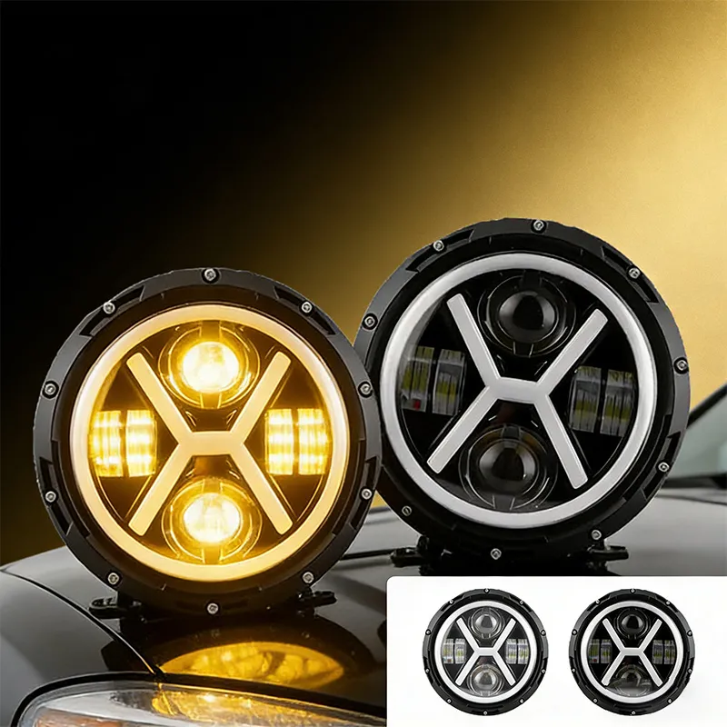 Two YFD 7-inch round LED off-road lights showing amber and white X-shaped DRL lighting