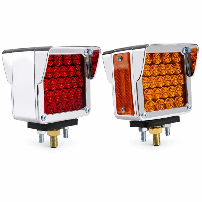 Two YFD 52 LED red and amber double-sided fender lights with chrome housings and mounting hardware