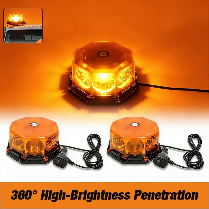 Two YFD amber mushroom-style warning strobe lights with magnetic bases and cigarette lighter plugs