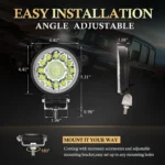 YFD round LED work light dimensions showing 4.3-inch width and adjustable mounting bracket