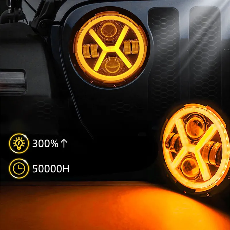 YFD 7-inch round LED light with bright amber X-shaped daytime running light