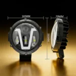 YFD round LED headlight dimensions showing 190 mm height, 165 mm width, and 70 mm depth