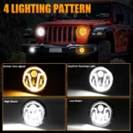 Round LED headlights installed on a vehicle with amber turn signal and white driving light patterns