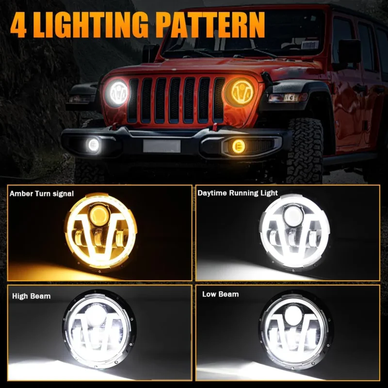 Round LED headlights installed on a vehicle with amber turn signal and white driving light patterns