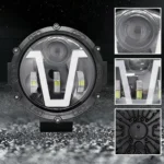 YFD 7-inch LED headlight showing amber turn signal, white DRL, high beam, and low beam modes