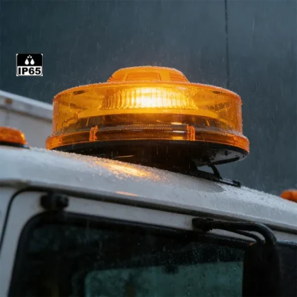 IP65 waterproof amber UFO strobe warning light mounted on a vehicle roof in heavy rain