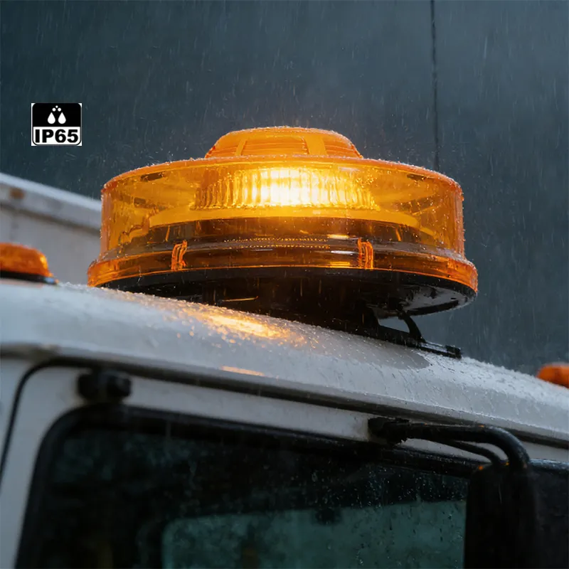 IP65 waterproof amber UFO strobe warning light mounted on a vehicle roof in heavy rain