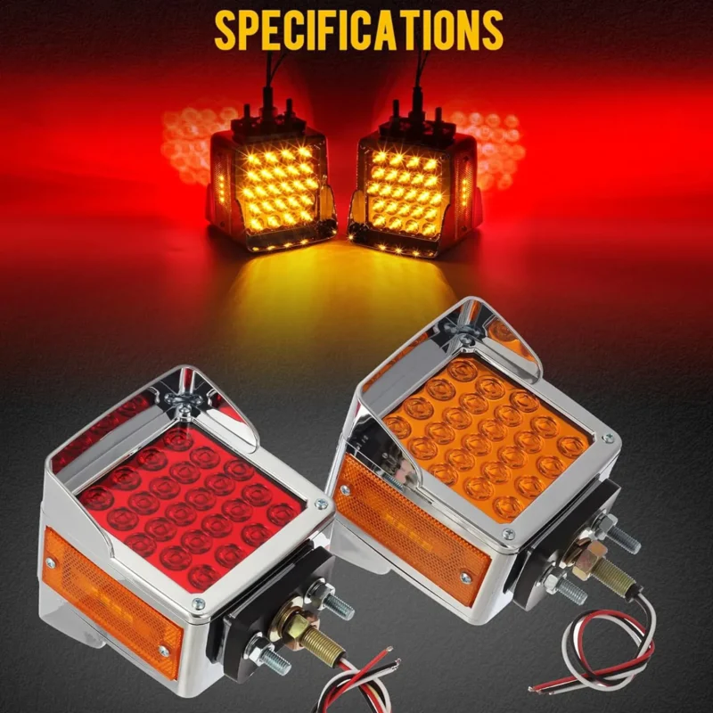 Close-up of YFD 52 LED red and amber fender light in high-brightness brake and turn signal mode