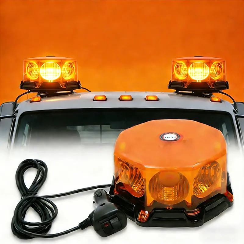 Amber magnetic warning strobe light installed on a truck roof for emergency visibility